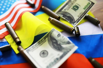 Obraz premium The concept of support in a military conflict. Solidarity. Politics. The flags are on the table.