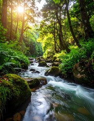 Obraz premium A serene river flows through a lush, sun-dappled forest scene