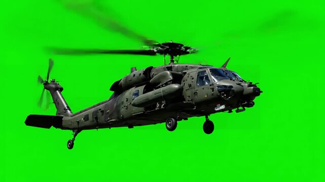 Isolated Military Aircraft with helicopter black hawk uh 60 in flight on green screen distortion, overlay, glitch, static noise, scan lines background, 4k animated video loop