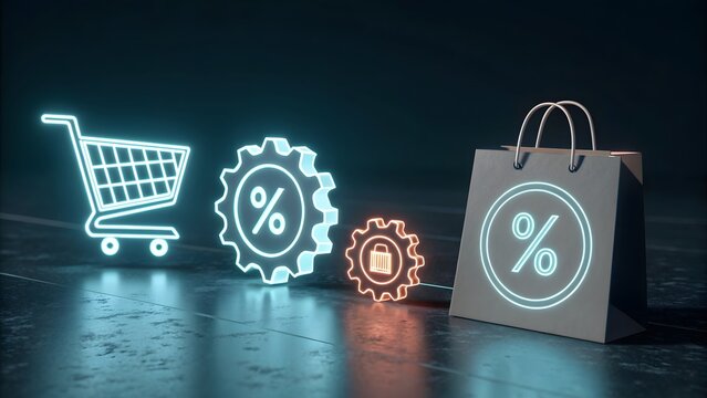 Digital shopping cart percentage icons and shopping bag with neon glow