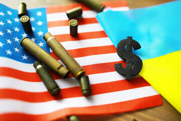 Obraz premium The concept of support in a military conflict. Solidarity. Politics. The flags are on the table.
