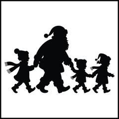 A black silhouette illustration of Santa Claus and three children running together