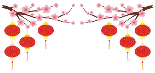 Chinese New Year red lanterns hanging on cherry blossom branches border © Art Ris