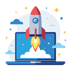 Laptop with Rocket Launch - Web Development and Software Startup