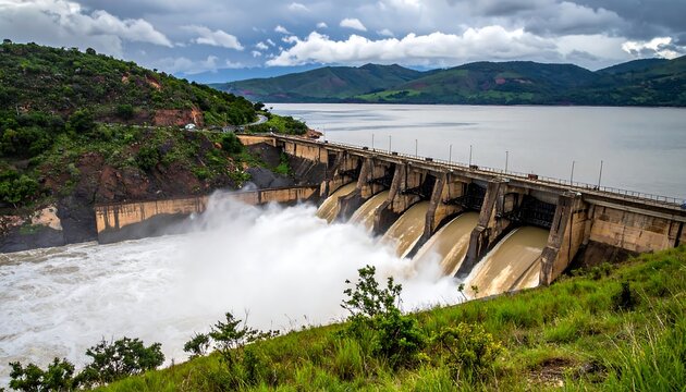 Expansive view of a dam with flowing water, constructed of concrete. Green hills and a vast lake surround the structure