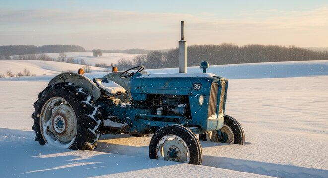 A vintage blue tractor stands solitary in a snow-covered winter field at dawn