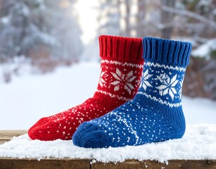 Two colorful knitted socks, red and blue, on a snowy wooden surface