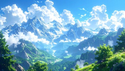 Naklejka premium A picturesque, sunlit vista of vast mountains, clouds, and lush valley