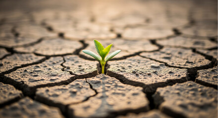 Resilient green sprout growing in dry cracked earth. Powerful concept for hope, new life, climate change, and survival.
