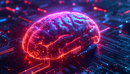 Vibrant neon glowing digital brain representation on a futuristic circuit board, symbolizing artificial intelligence, machine learning, and advanced technology concepts