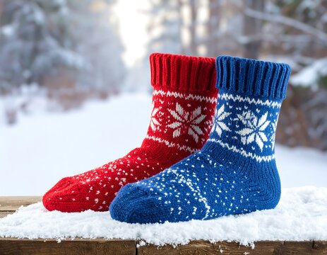 Two colorful knitted socks, red and blue, on a snowy wooden surface