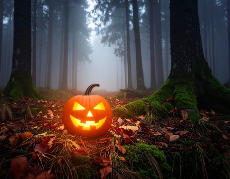 Lit jack-o'-lantern in a spooky, foggy, autumn forest