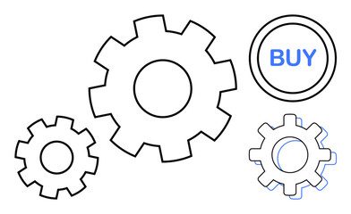Three interconnected gears and a highlighted Buy button convey teamwork, automation, e-commerce, innovation, efficiency, system operations, and modern business solutions in a simple flat metaphor