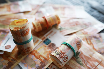 Banknotes with inscription "five thousand rubles". Russian money face value of five thousand rubles. Close-up of Russian rubles . The concept of Finance.Background and texture of money