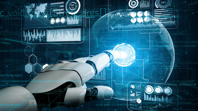 A robotic hand extends towards a digital globe, showcasing advanced technology and data visualization. This image represents innovation, science, and modern connectivity in a cybernetic world. Xenic