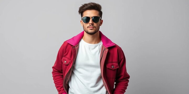 Stylish model in casual wear against grey backdrop, fashion, shoes