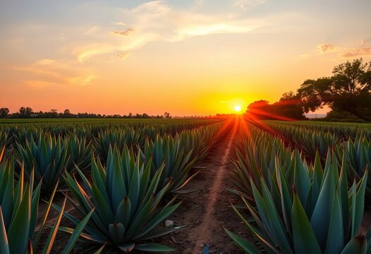 Sunset casts long shadows across rows of agave plants, a tequila plantation in Mexico, photography, sunset