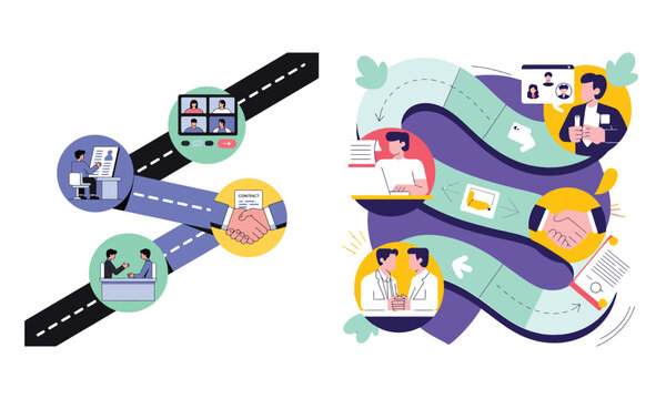 Modern business workflow with hiring, remote work, collaboration, agreement