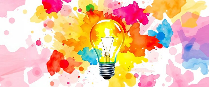 Vibrant watercolor lightbulb, bursting with color, symbolizes creativity,  vivid,  design