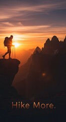 A silhouette of a hiker with a backpack standing on a rocky cliff during sunset, overlooking a mountain range with dramatic peaks and colorful sky, inspiring outdoor adventure and exploration