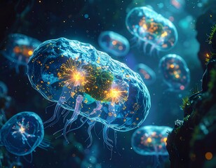 Underwater scene depicting bioluminescent, translucent organisms in deep water