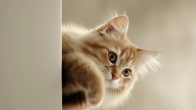 長毛のラガマフィン子猫が白い板の陰から片目でウインクしてのぞく昼