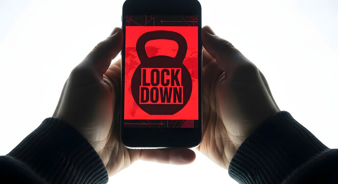 Lockdown Warning Message Showing on Mobile? Screen. Corona Virus Crisis. Top View