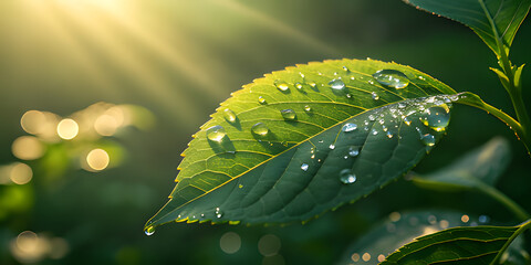 Closeup of a vibrant green leaf glistening with fresh raindrops in the warm sunlight, showcasing natures beauty and the essence of a refreshing spring morning