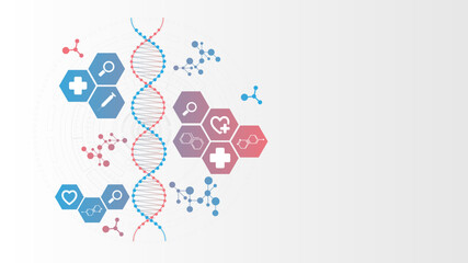 Clean Medical Science DNA Helix Background with Healthcare Icons and Technology Concept