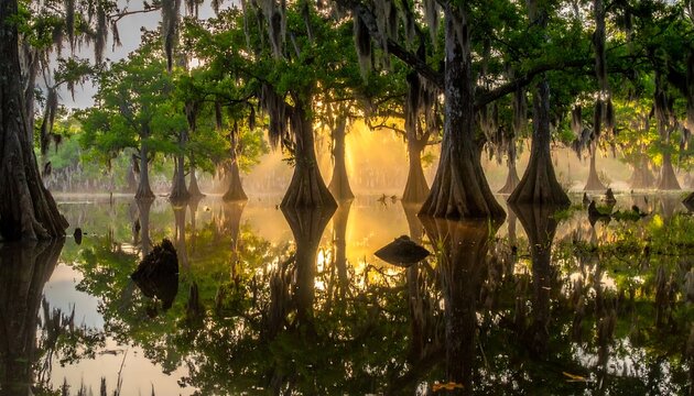 Serene swamp scene at dawn features trees emerging from water, with sun rays illuminating through the foliage, creating reflections