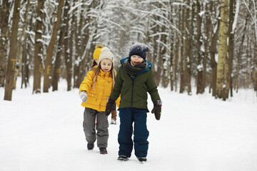 Fototapeta premium Happy family playing and laughing in winter outdoors in the snow. City park winter day.