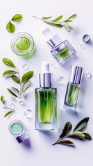 A collection of green skincare products, including serum bottles and jars, arranged with fresh leaves and water droplets.