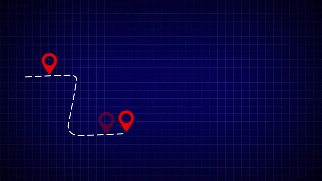 Animation of city map with pin pointers, GPS travel and navigation concept.Track point navigator on tracing paper. the path traveled on the map. Motion graphics of road Track concept.
