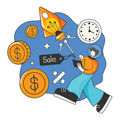 Entrepreneur with rocket, money, and clock for quick success for financial technology and marketing design