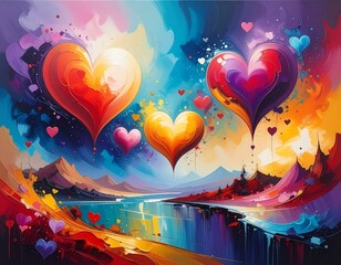 Vivid painting of floating hearts over colorful landscapes and water