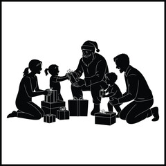 A black silhouette illustration of a family of four  excitedly opening gifts with Santa Claus