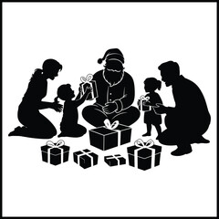 A black silhouette illustration of a family of four  excitedly opening gifts with Santa Claus