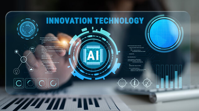 Innovation technology driven by Artificial Intelligence (AI). A concept of future tech development, machine learning, and business process automation. Motif
