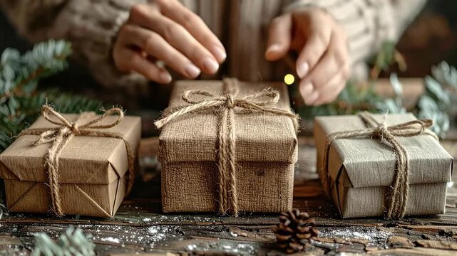 Rustic Holiday Gifts Hands Arranging Kraft Paper Packages with Twine
