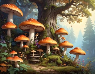 Whimsical illustration of vibrant orange mushrooms in a lush forest