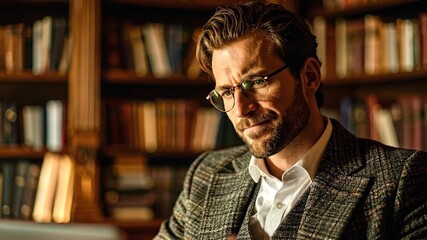 Intelligent Man in Glasses Pondering with Bookshelf Background
