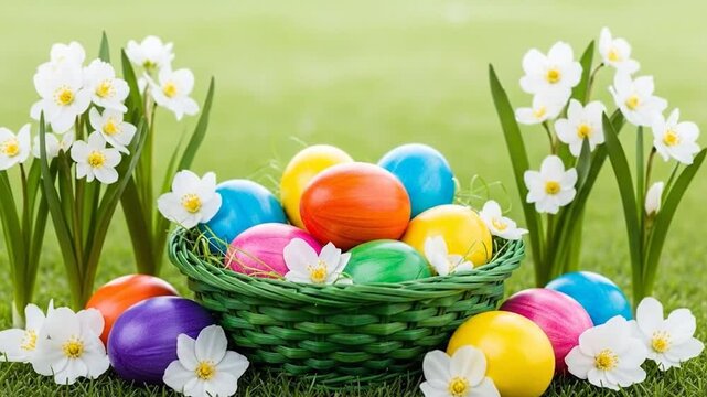 Vibrant Easter egg hunt in spring flowers garden video, perfect for greetings & celebration invites