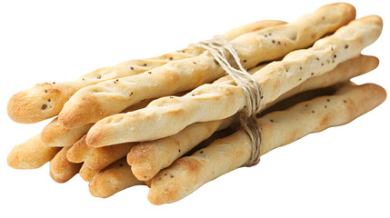 A bunch of grissini breadsticks tied with twine isolated on transparent background, perfect for appetizer