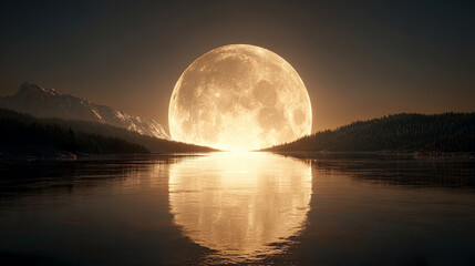 湖と山あいに沈む金色の巨大な月のイメージ風景
