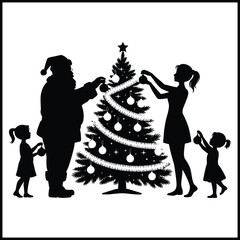 A black silhouette illustration depicting Santa Claus and a family decorating a Christmas tree