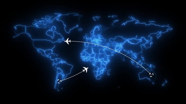 Blue glowing map of the world with flat animated airplanes and flight trajectories. Lot or arcs and lines, connecting points. Global air travel or business concept. world map air line animation.