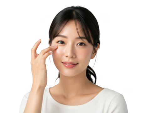 Young asian woman applying cream near eye, isolated on transparent background