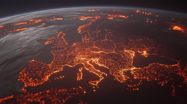 Glowing nighttime satellite view of  planet with continents and oceans with illuminated city lights
