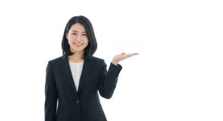 Asian businesswoman presenting, isolated on transparent background