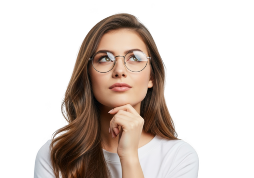 Young woman with glasses thinking, isolated on transparent background